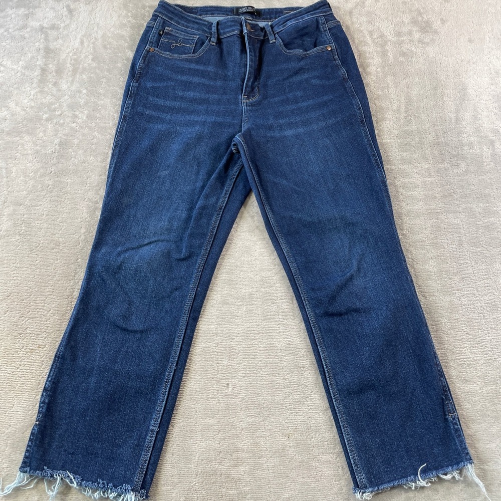 Judy Blue Jeans Cropped Straight Womens 13/31 High Rise Dark Wash Frayed Hem